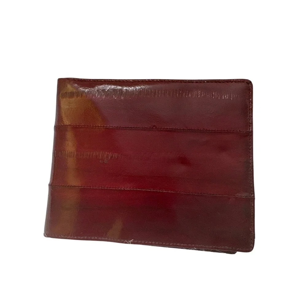 Vintage Genuine Eel‎ Skin Bifold Wallet Burgundy Red Exotic Leather Glossy Slim